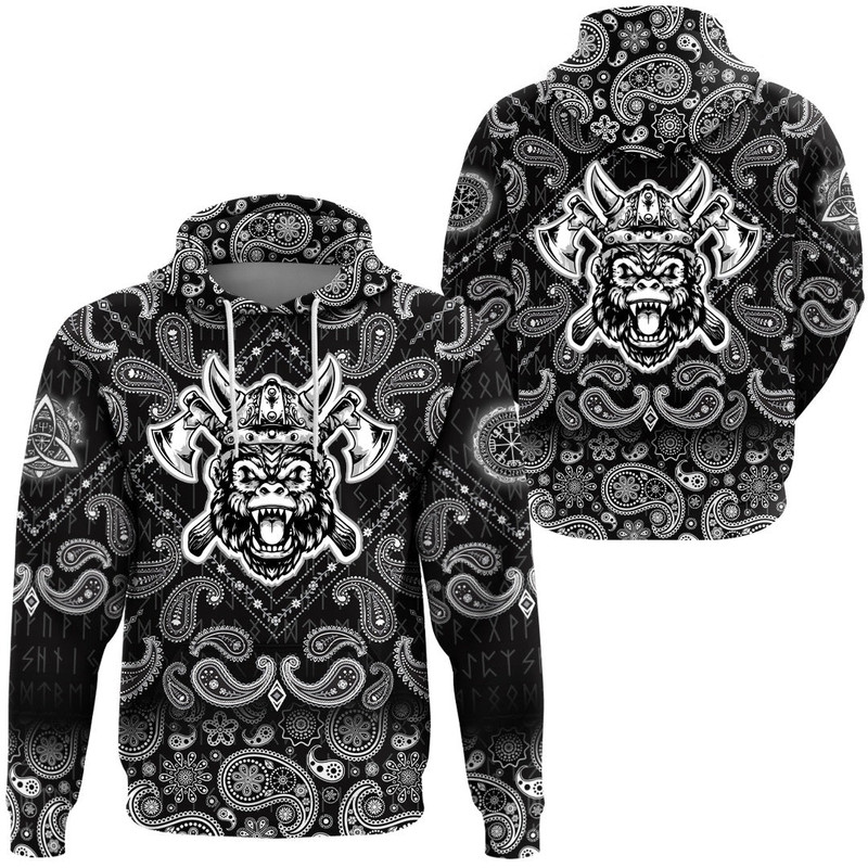 GorillHead With Helmet And Axe with Bandana Paisley Style Viking Hoodie For Men Women