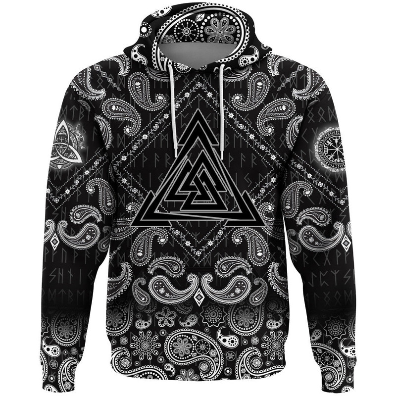 Graphic Linear Triangle Valknut with Bandana Paisley Style Viking Hoodie For Men Women