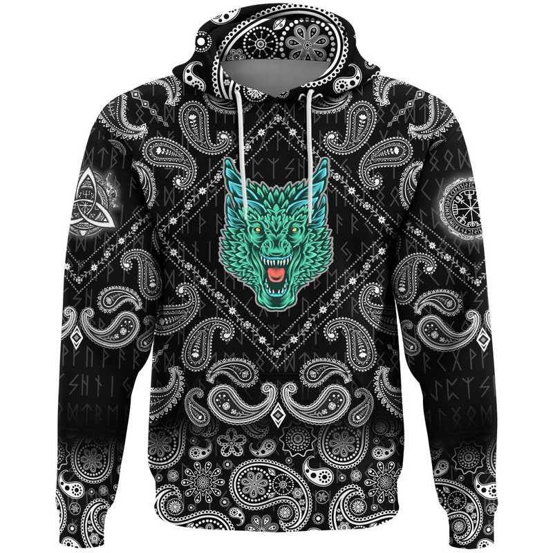 Great Dragon Head With Horns with Bandana Paisley Style Viking Hoodie For Men Women