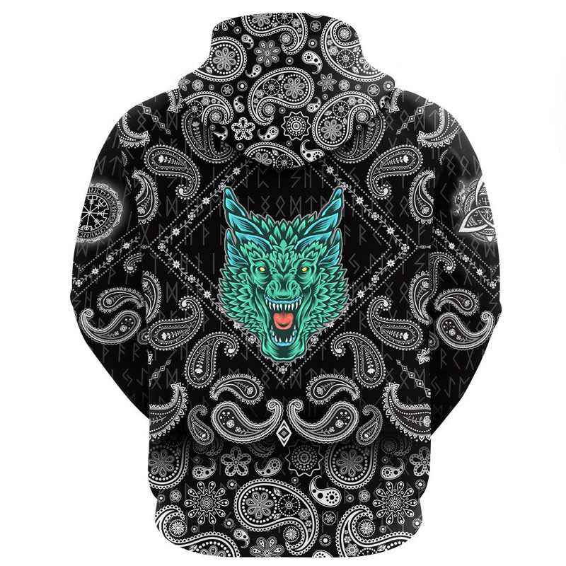 Great Dragon Head With Horns with Bandana Paisley Style Viking Hoodie For Men Women