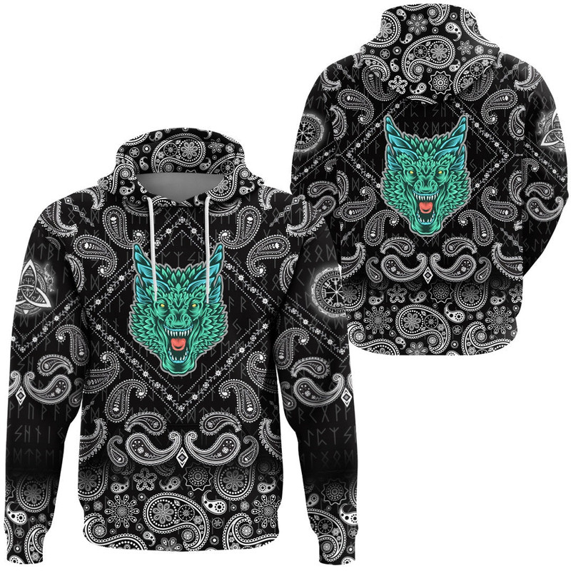 Great Dragon Head With Horns with Bandana Paisley Style Viking Hoodie For Men Women