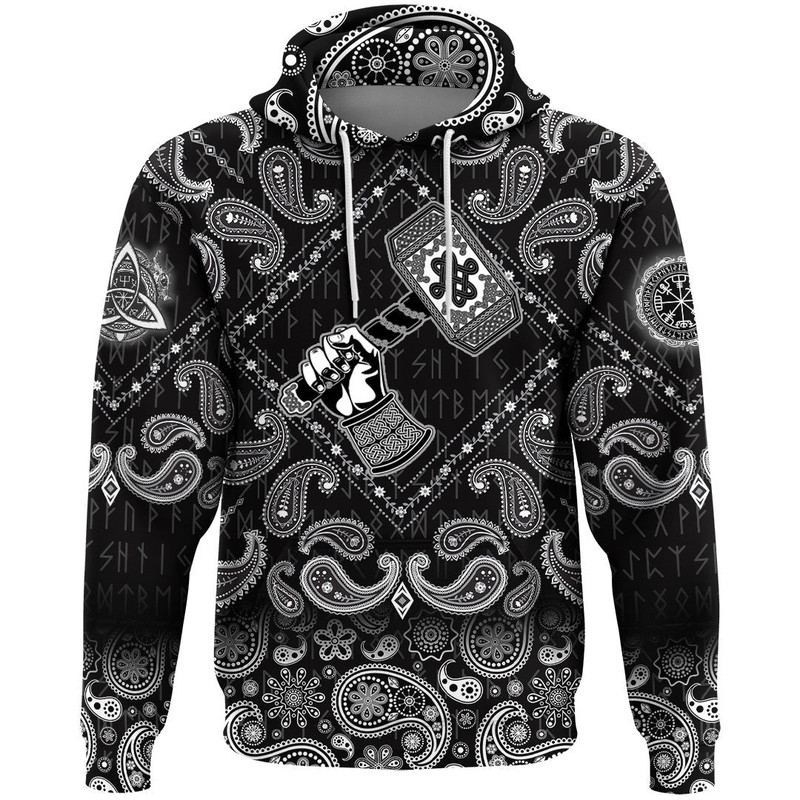 Hand Holding The Hammer Of God Thor with Bandana Paisley Style Viking Hoodie For Men Women
