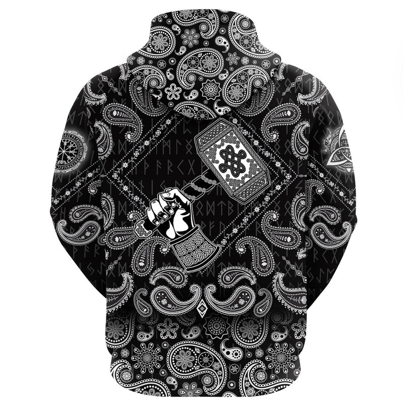 Hand Holding The Hammer Of God Thor with Bandana Paisley Style Viking Hoodie For Men Women