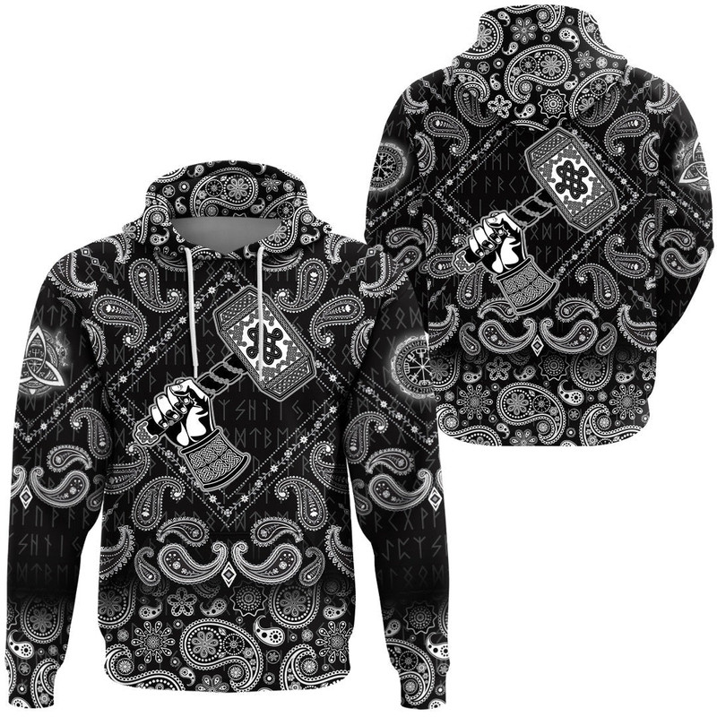 Hand Holding The Hammer Of God Thor with Bandana Paisley Style Viking Hoodie For Men Women