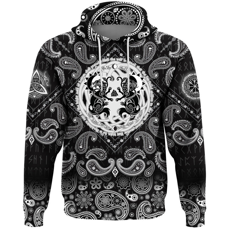 Hati and Skoll Runes with Bandana Paisley Style Viking Hoodie For Men Women