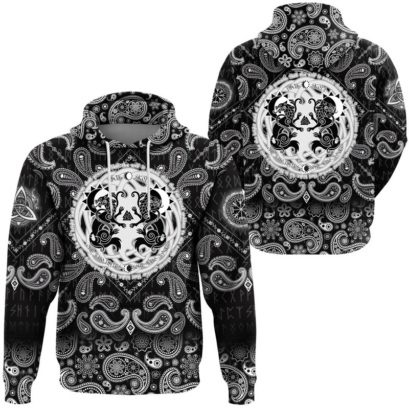 Hati and Skoll Runes with Bandana Paisley Style Viking Hoodie For Men Women