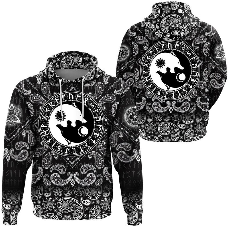 Hati and Skoll Sun And Moon with Bandana Paisley Style Viking Hoodie For Men Women