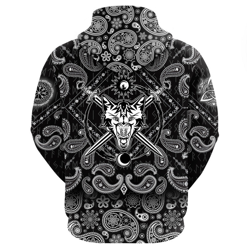 Head Of Fierce Wolf Against The Background Of Swords with Bandana Paisley Style Viking Hoodie For M