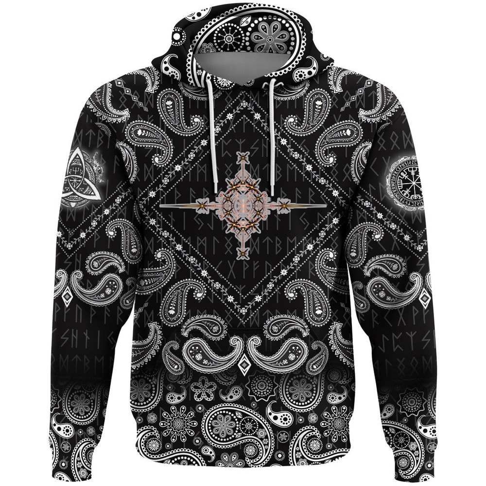 Heraldic Lions With Sword Compass Ancient with Bandana Paisley Style Viking Hoodie For Men Women