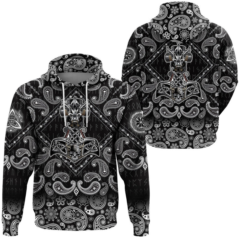 Mjolnir with Bandana Paisley Style Viking Hoodie For Men Women