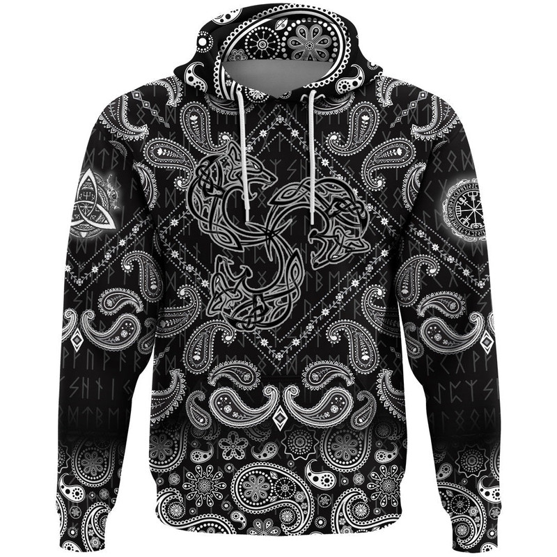 Norse Tattoo Wolf with Bandana Paisley Style Viking Hoodie For Men Women