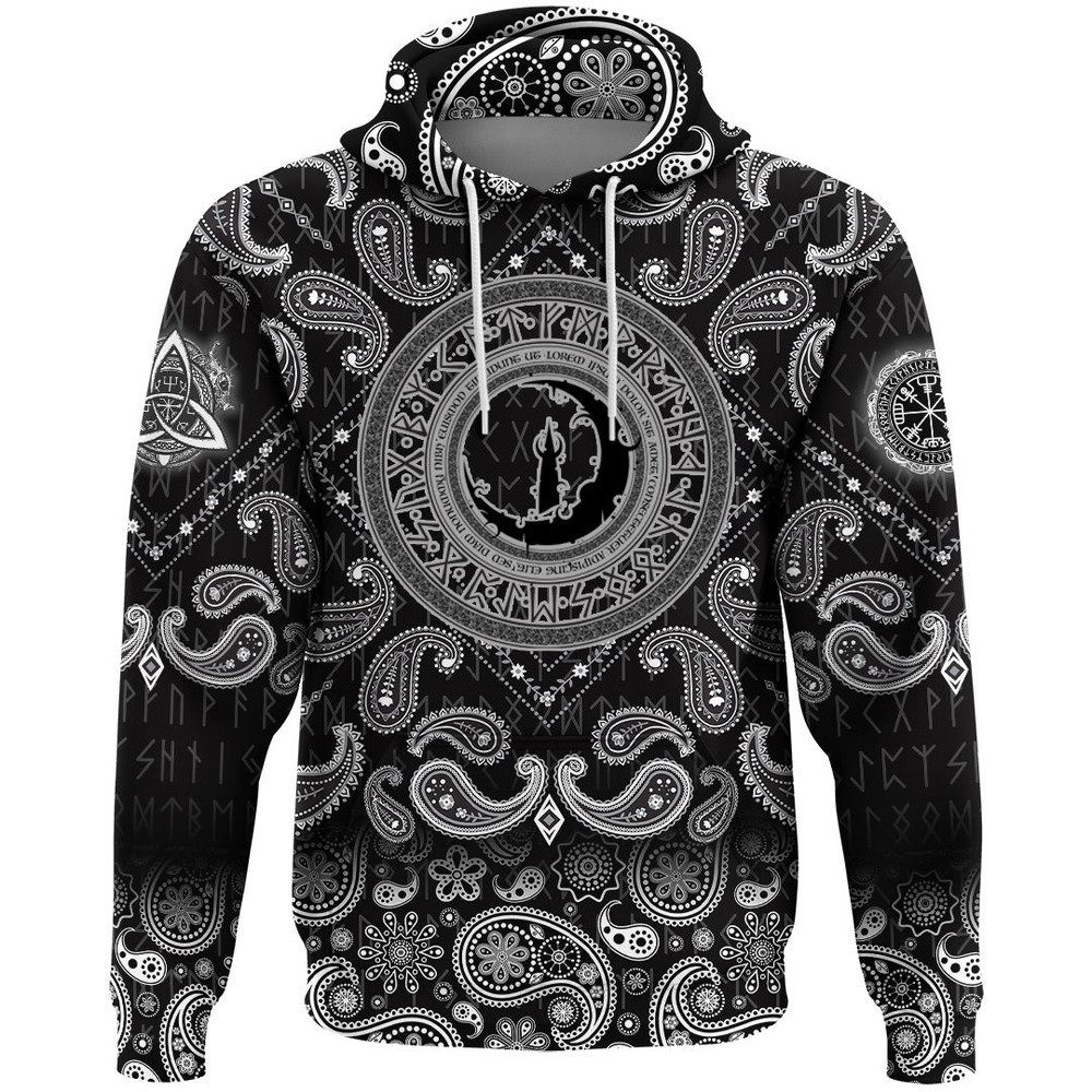 Old Scandinavian Runic Grunge Letters with Bandana Paisley Style Viking Hoodie For Men Women