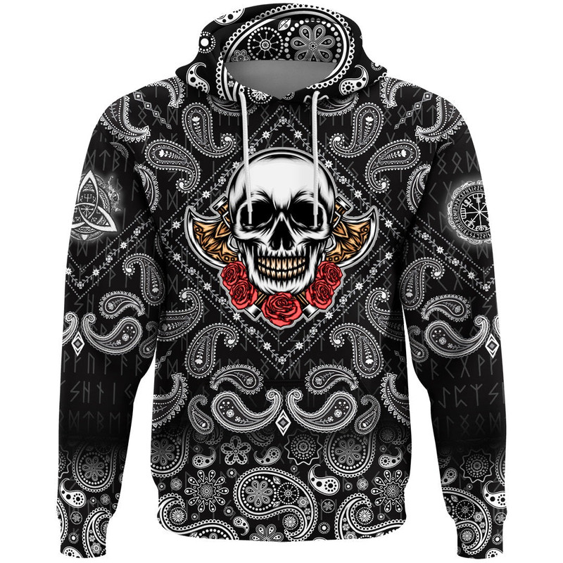 Old Skeleton Head With Axe Premium with Bandana Paisley Style Viking Hoodie For Men Women