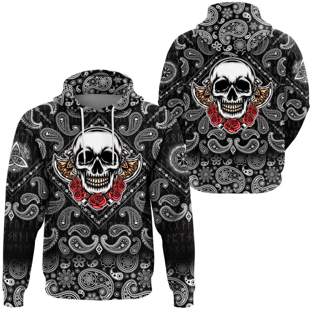 Old Skeleton Head With Axe Premium with Bandana Paisley Style Viking Hoodie For Men Women