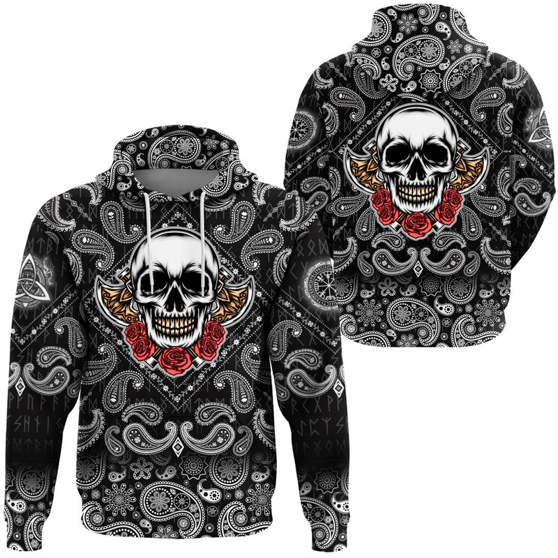 Old Skeleton Head With Axe Premium with Bandana Paisley Style Viking Hoodie For Men Women