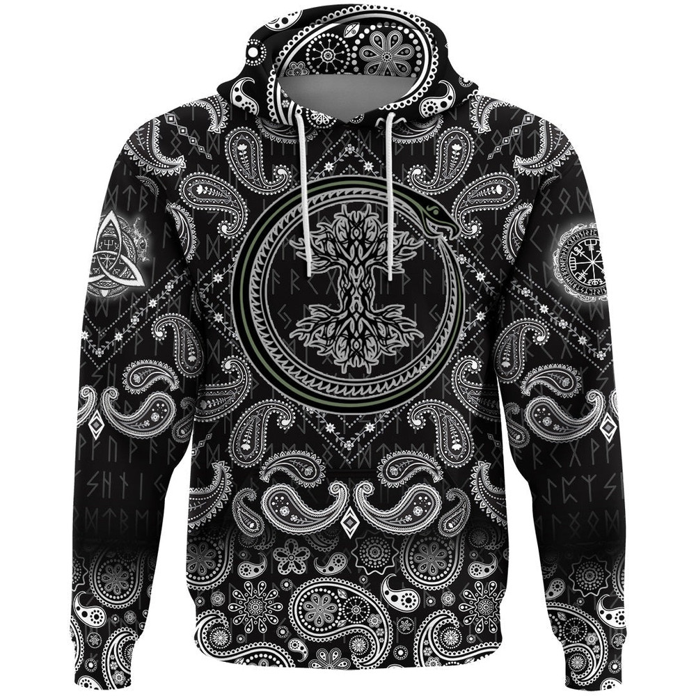 Ouroboros Serpent Curled Up Around Yggdrasil with Bandana Paisley Style Viking Hoodie For Men Women