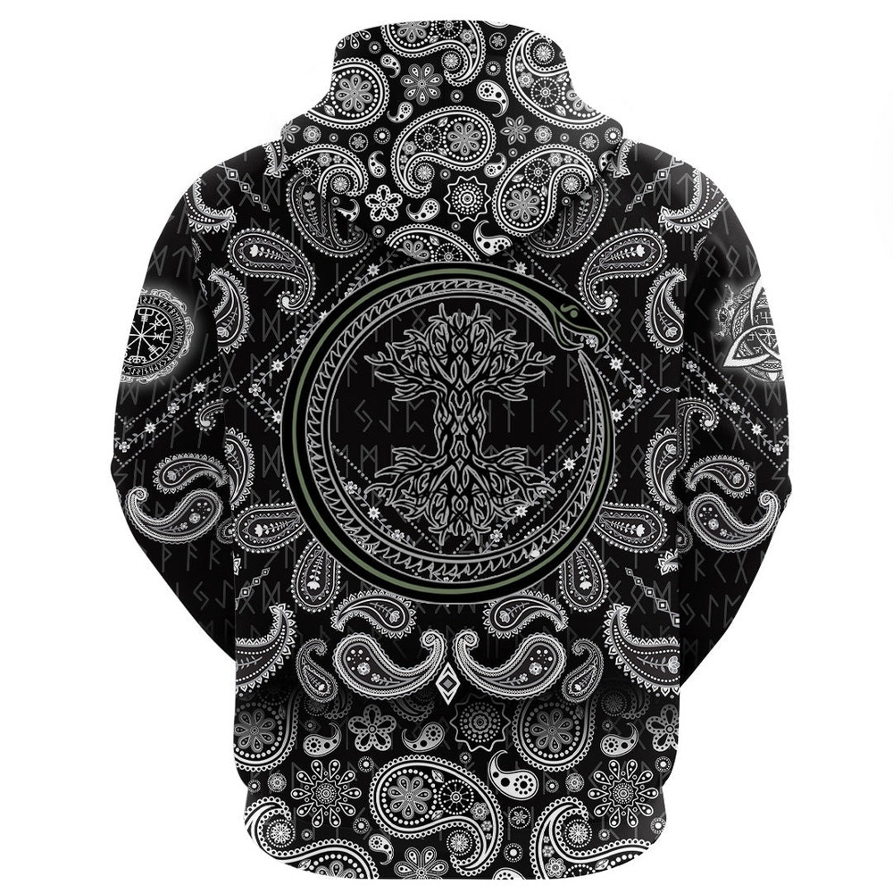 Ouroboros Serpent Curled Up Around Yggdrasil with Bandana Paisley Style Viking Hoodie For Men Women