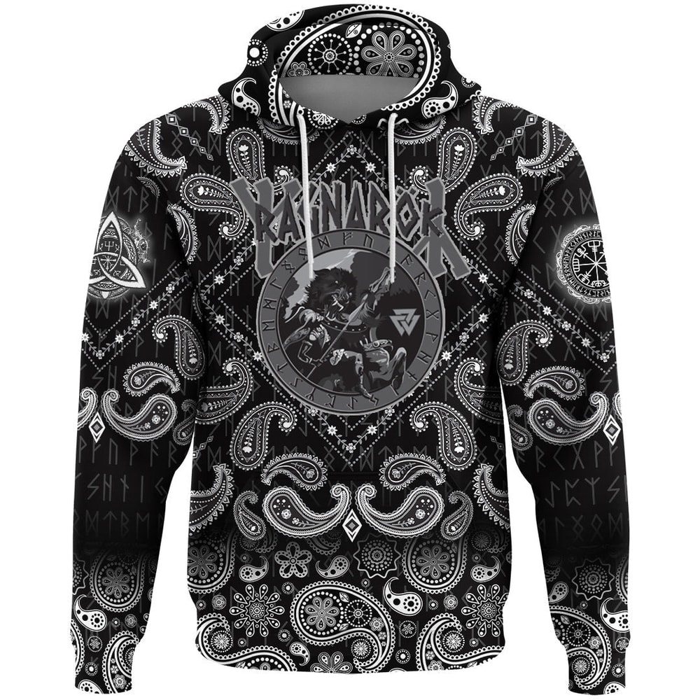 Ragnarok Battle Of The God Odin With The Wolf Fenrir with Bandana Paisley Style Viking Hoodie For M