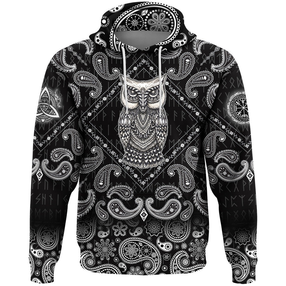 Scandinavian Owl with Bandana Paisley Style Viking Hoodie For Men Women