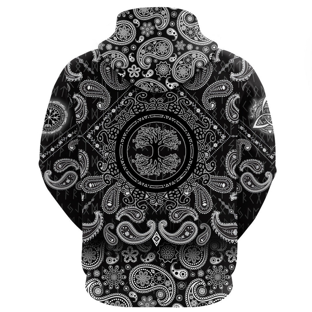 Scandinavian Tree Of Life Silhouette In Ornamented Circle with Bandana Paisley Style Viking Hoodie