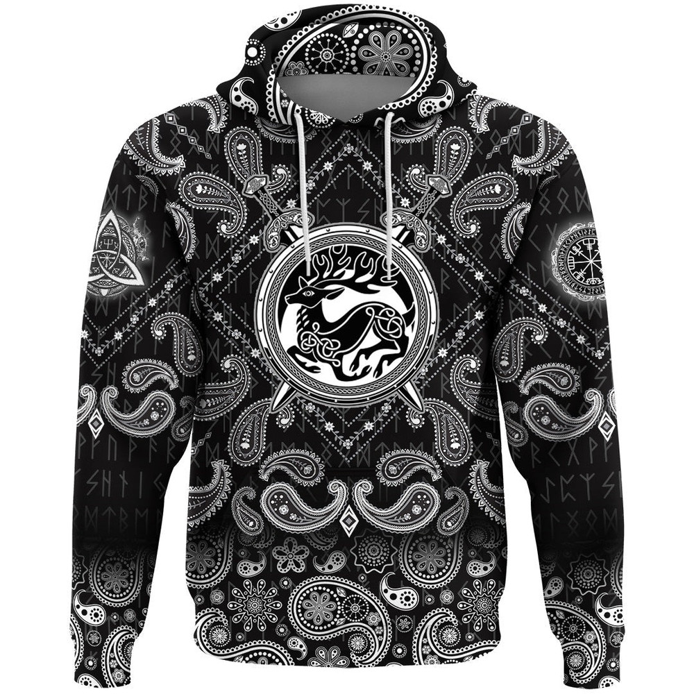 Shield With Deer Crest And Crossing Swords with Bandana Paisley Style Viking Hoodie For Men Women