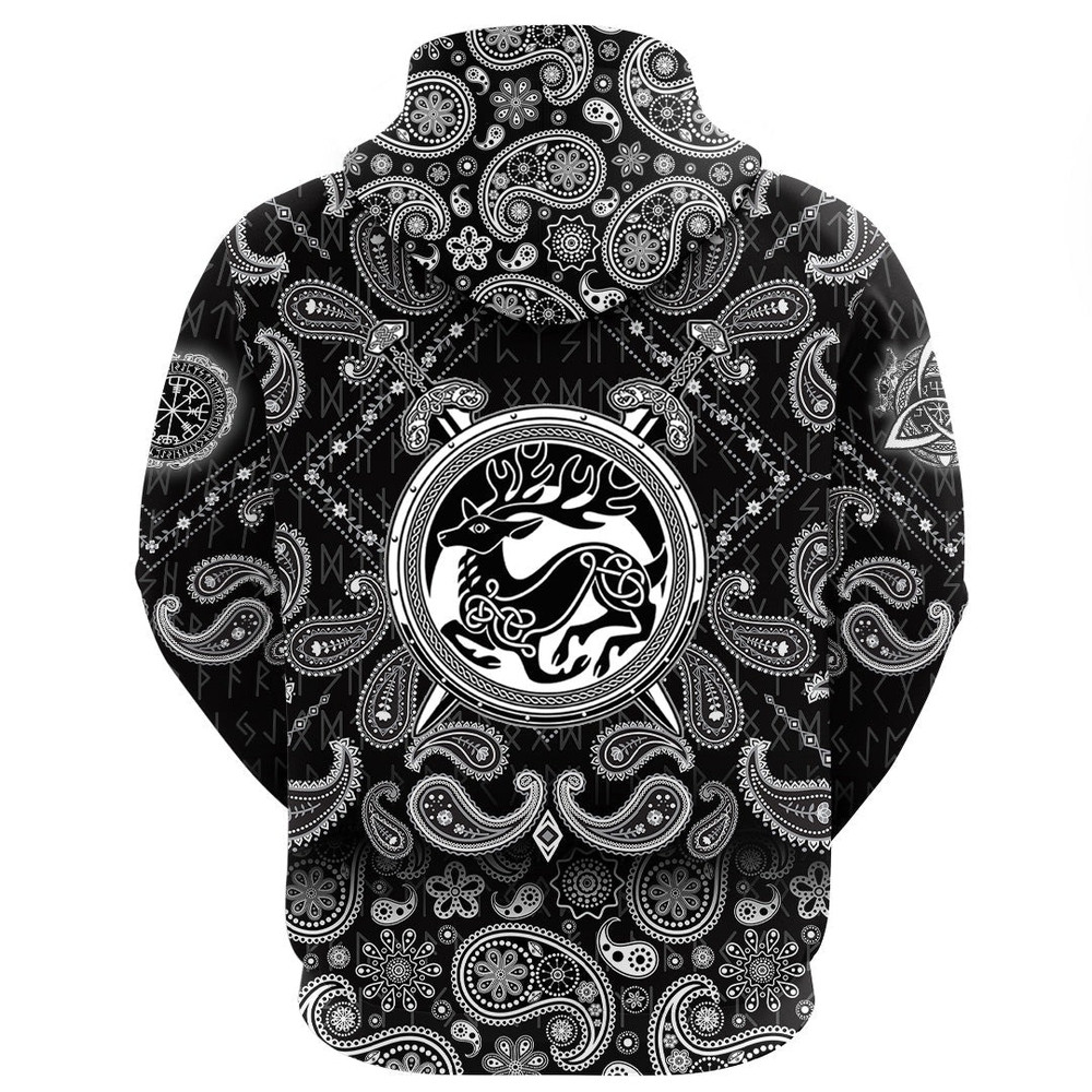 Shield With Deer Crest And Crossing Swords with Bandana Paisley Style Viking Hoodie For Men Women
