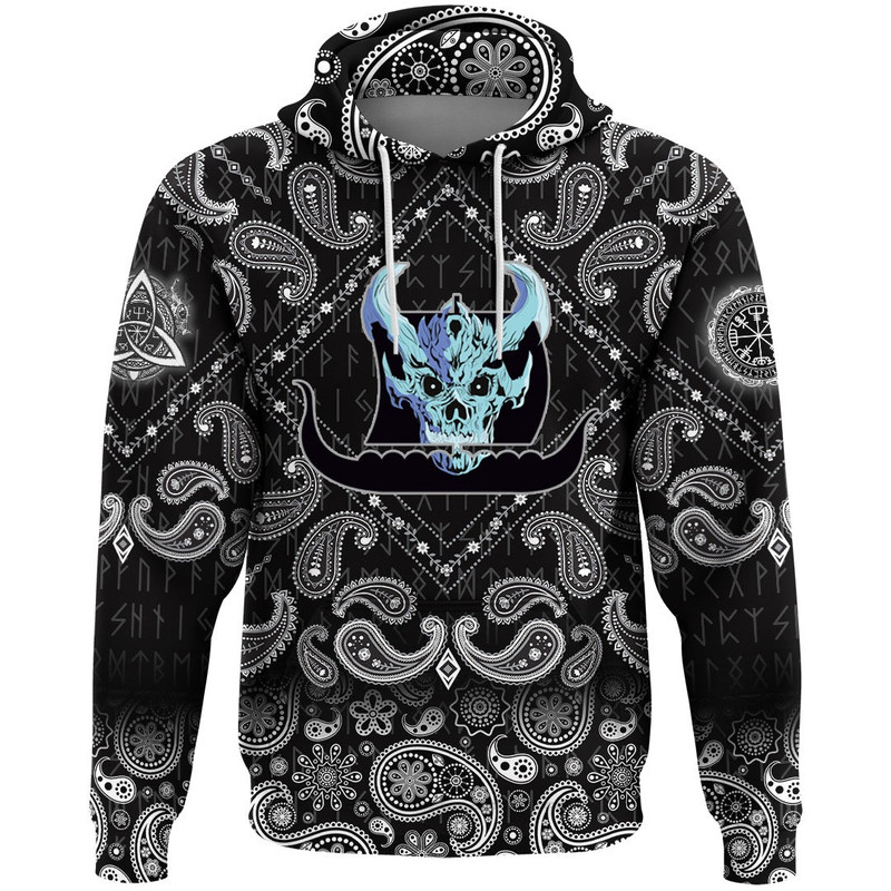 Ship Silhouette With White Skull with Bandana Paisley Style Viking Hoodie For Men Women