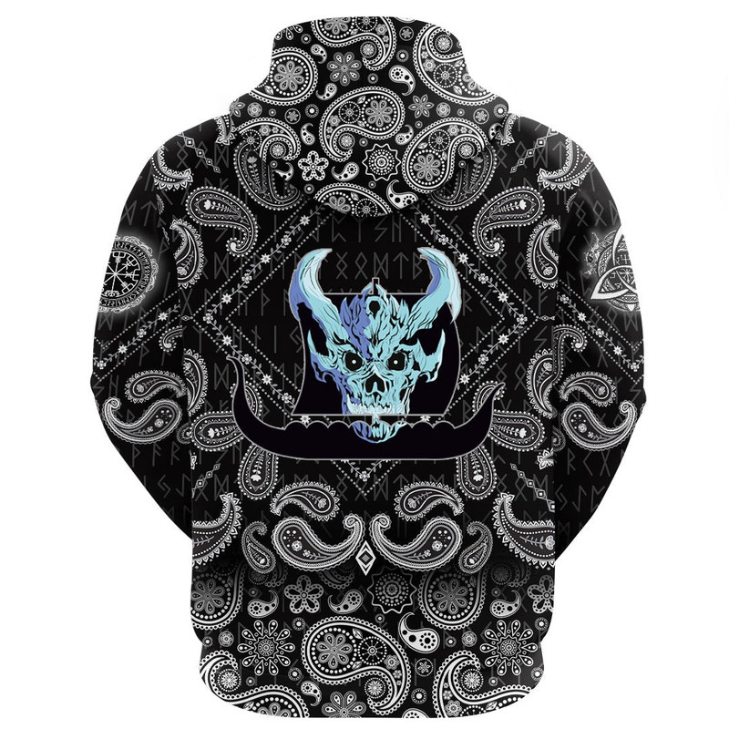 Ship Silhouette With White Skull with Bandana Paisley Style Viking Hoodie For Men Women