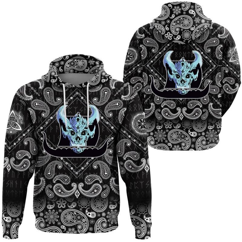 Ship Silhouette With White Skull with Bandana Paisley Style Viking Hoodie For Men Women