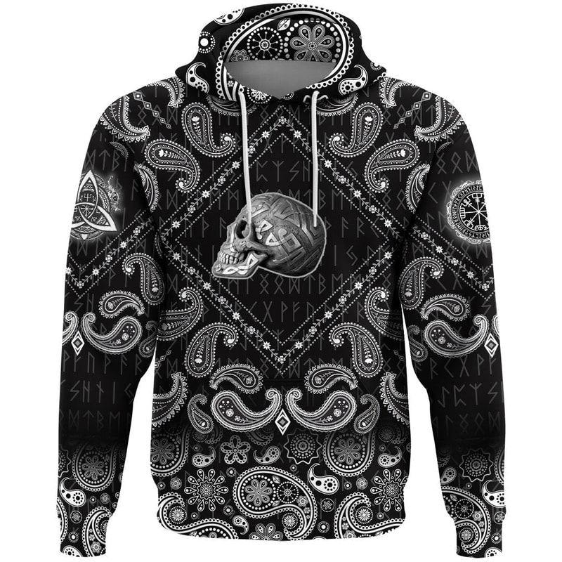 Silver Plaster Skull Left Side Isolated with Bandana Paisley Style Viking Hoodie For Men Women