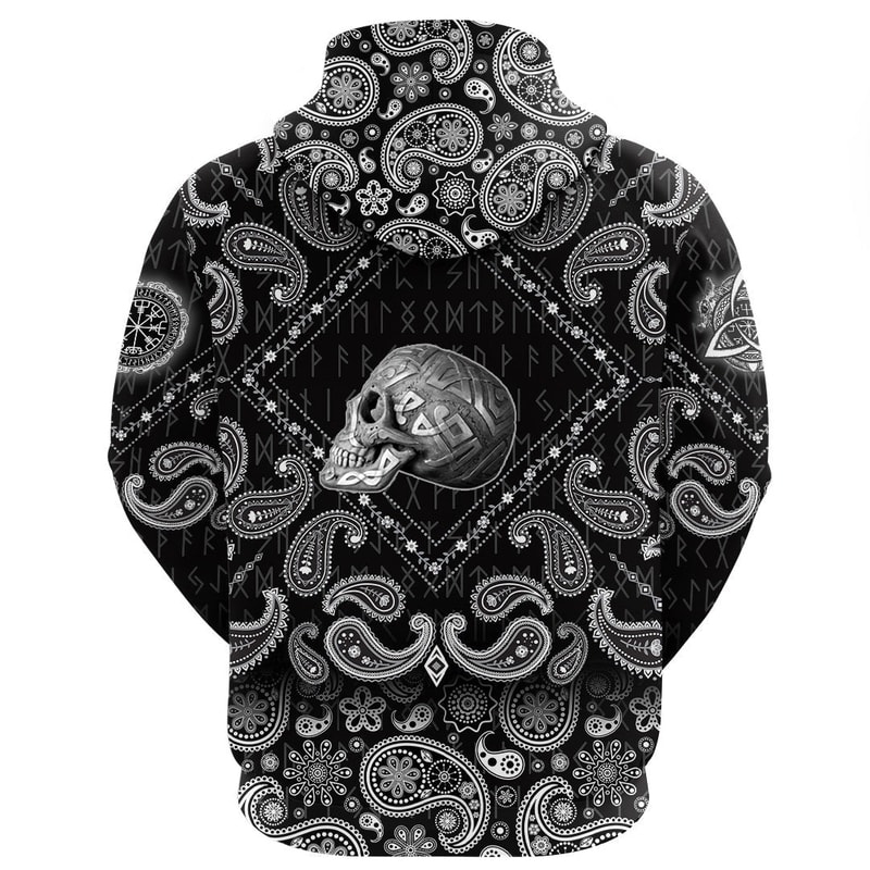 Silver Plaster Skull Left Side Isolated with Bandana Paisley Style Viking Hoodie For Men Women