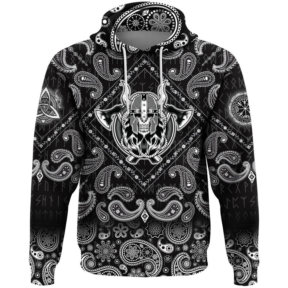 Skull Barbarian Axe Tattoo Sticker Warrior with Bandana Paisley Style Viking Hoodie For Men Women