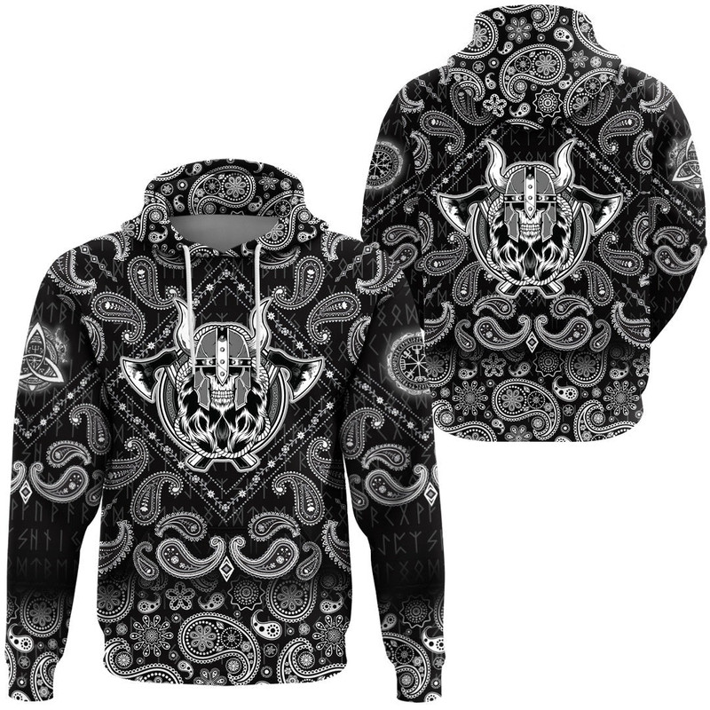 Skull Barbarian Axe Tattoo Sticker Warrior with Bandana Paisley Style Viking Hoodie For Men Women