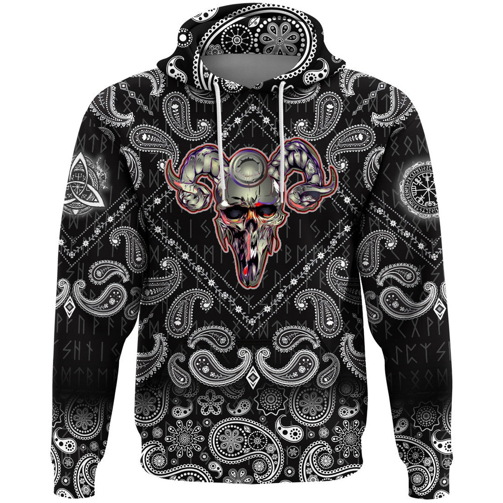 Skull Helmet With Horns with Bandana Paisley Style Viking Hoodie For Men Women