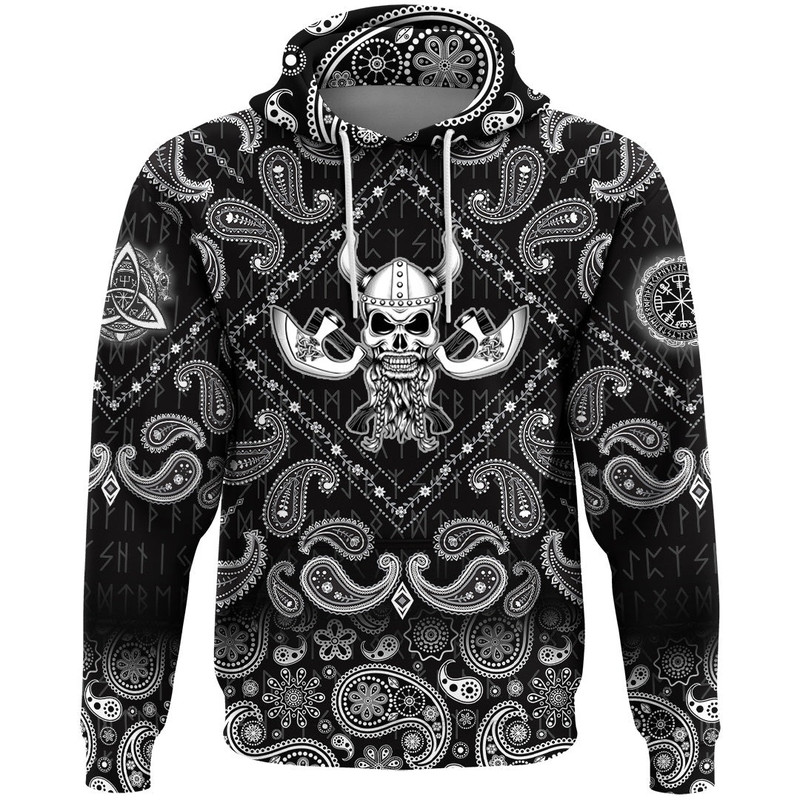 Skull Helmet With Horns And Two Crossed Axes with Bandana Paisley Style Viking Hoodie For Men Women