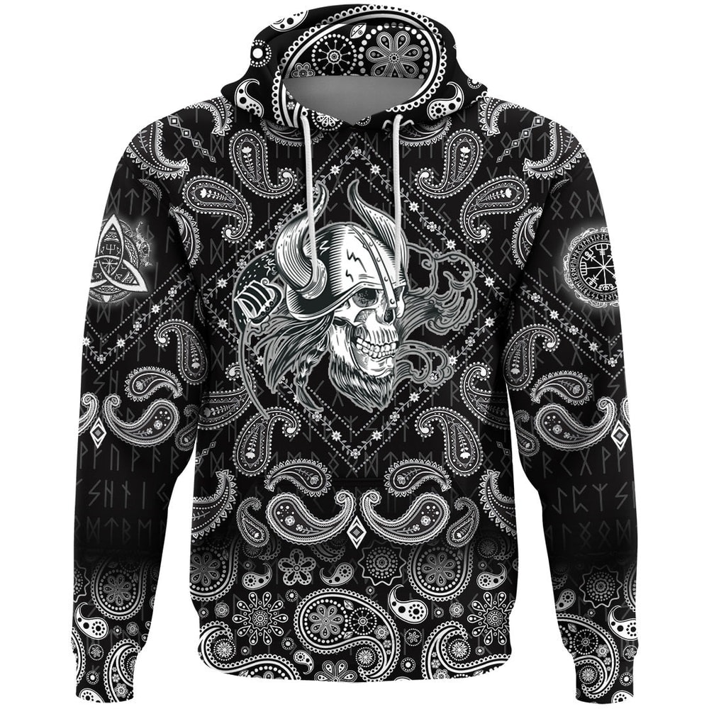 Skull In The Helmet Of The Viking with Bandana Paisley Style Viking Hoodie For Men Women