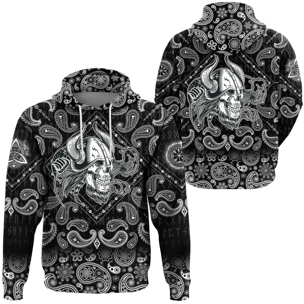 Skull In The Helmet Of The Viking with Bandana Paisley Style Viking Hoodie For Men Women