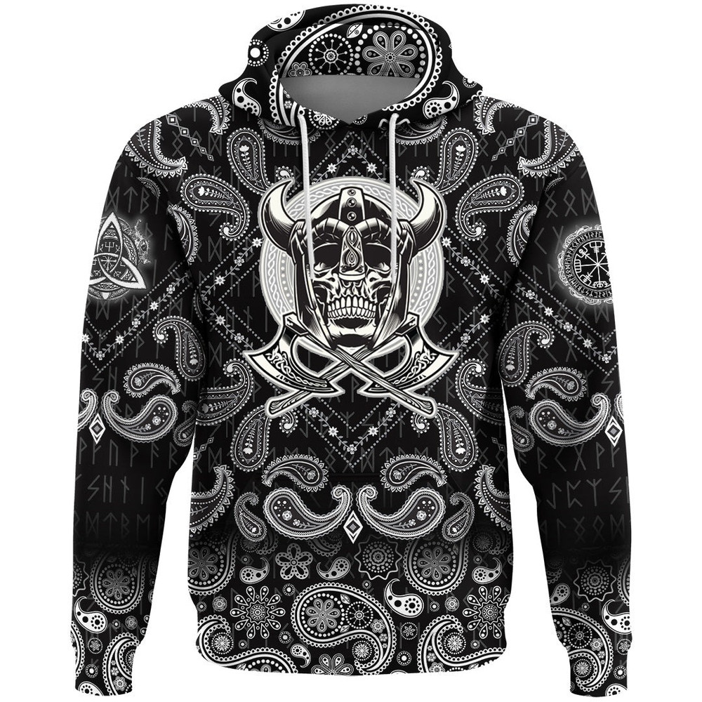 Skull Of Warrior With Crossed Axes with Bandana Paisley Style Viking Hoodie For Men Women