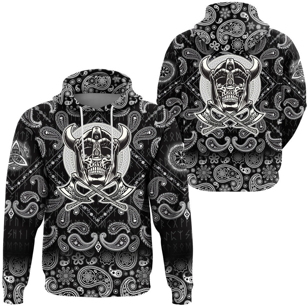 Skull Of Warrior With Crossed Axes with Bandana Paisley Style Viking Hoodie For Men Women
