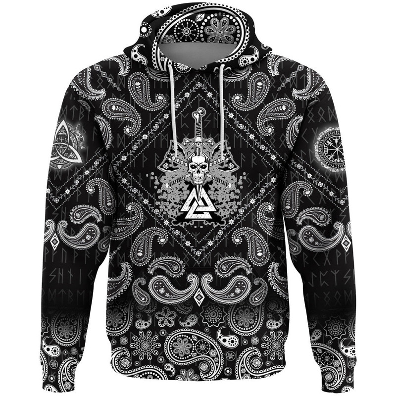 Skull Pierced By Sword with Bandana Paisley Style Viking Hoodie For Men Women