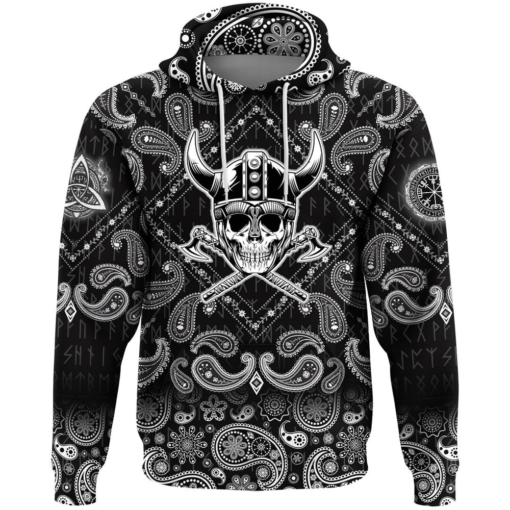 Skull Warrior Emblem with Bandana Paisley Style Viking Hoodie For Men Women