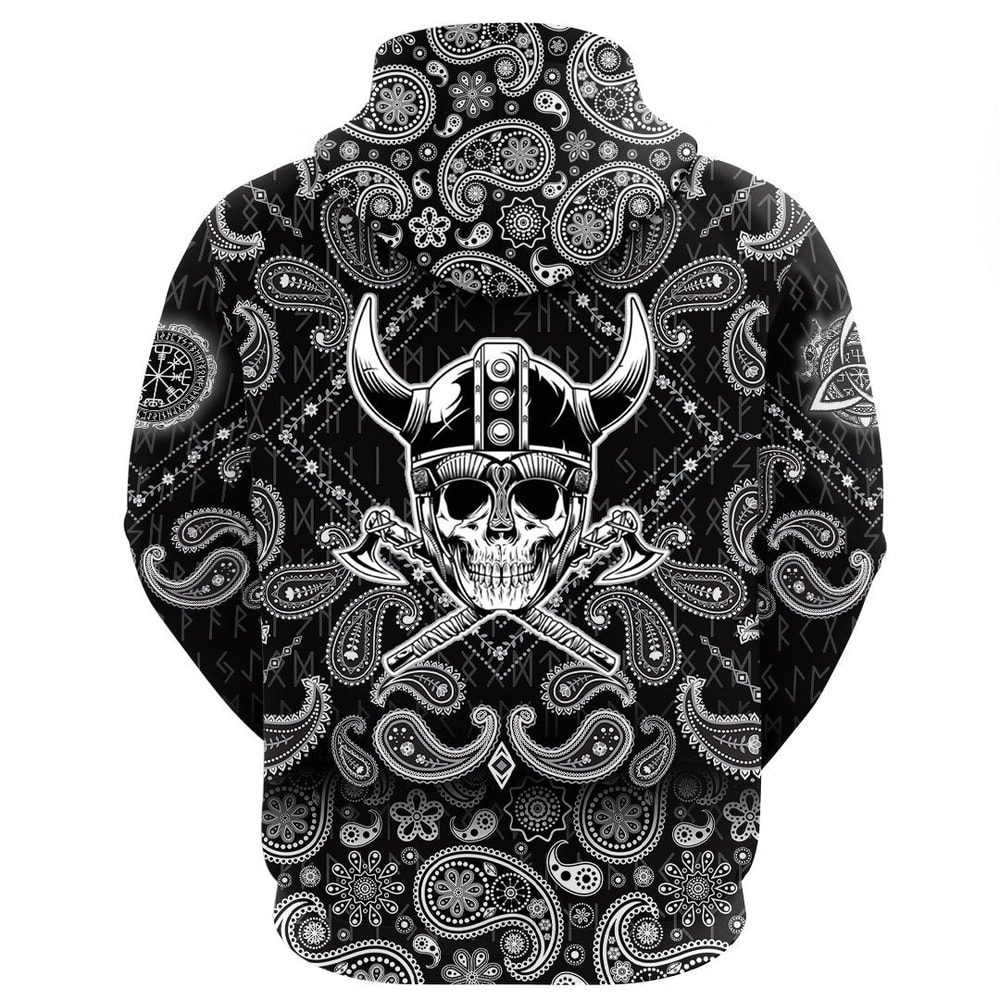 Skull Warrior Emblem with Bandana Paisley Style Viking Hoodie For Men Women
