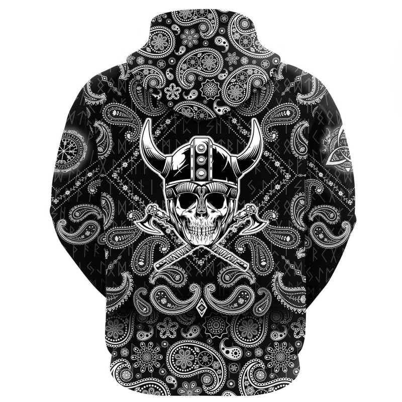 Skull Warrior Emblem with Bandana Paisley Style Viking Hoodie For Men Women