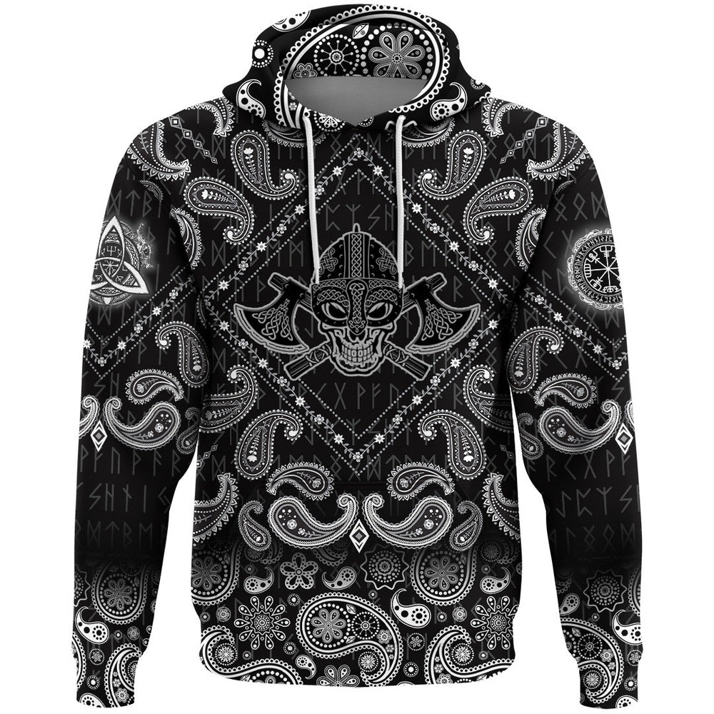 Skull Wearing Helmet Over Crossed Battle Axes with Bandana Paisley Style Viking Hoodie For Men Wome