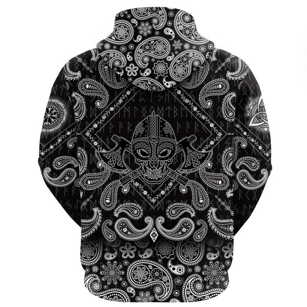Skull Wearing Helmet Over Crossed Battle Axes with Bandana Paisley Style Viking Hoodie For Men Wome