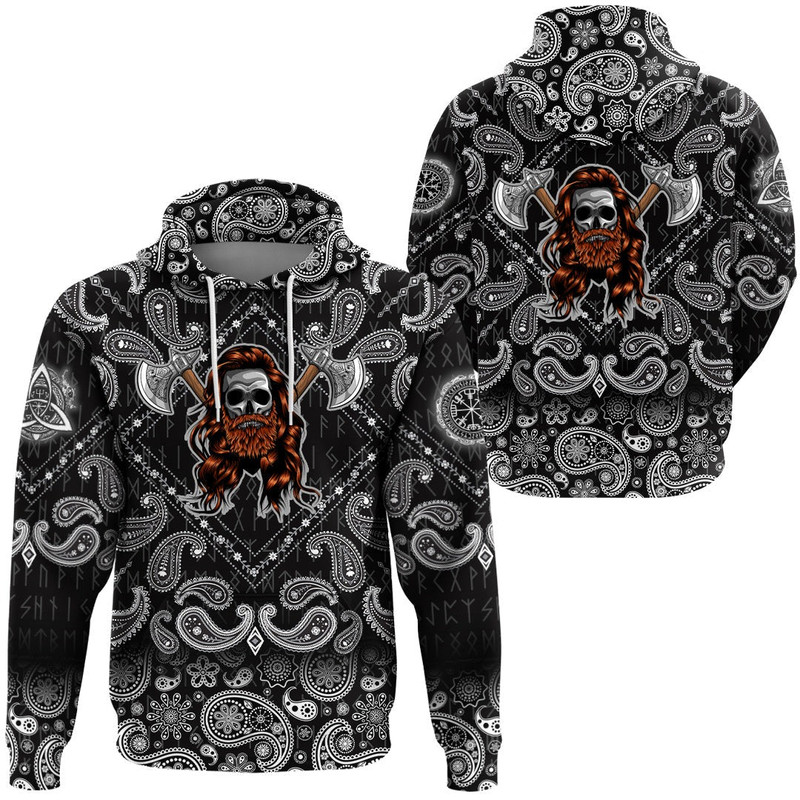 Skull Wearing Viking with Bandana Paisley Style Viking Hoodie For Men Women