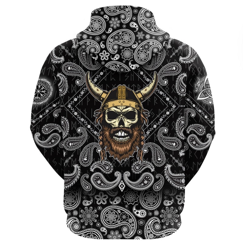 Skull With Braided Hair And Horned Hat with Bandana Paisley Style Viking Hoodie For Men Women