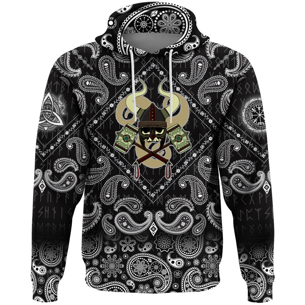 Skull With Horned Helmet with Bandana Paisley Style Viking Hoodie For Men Women