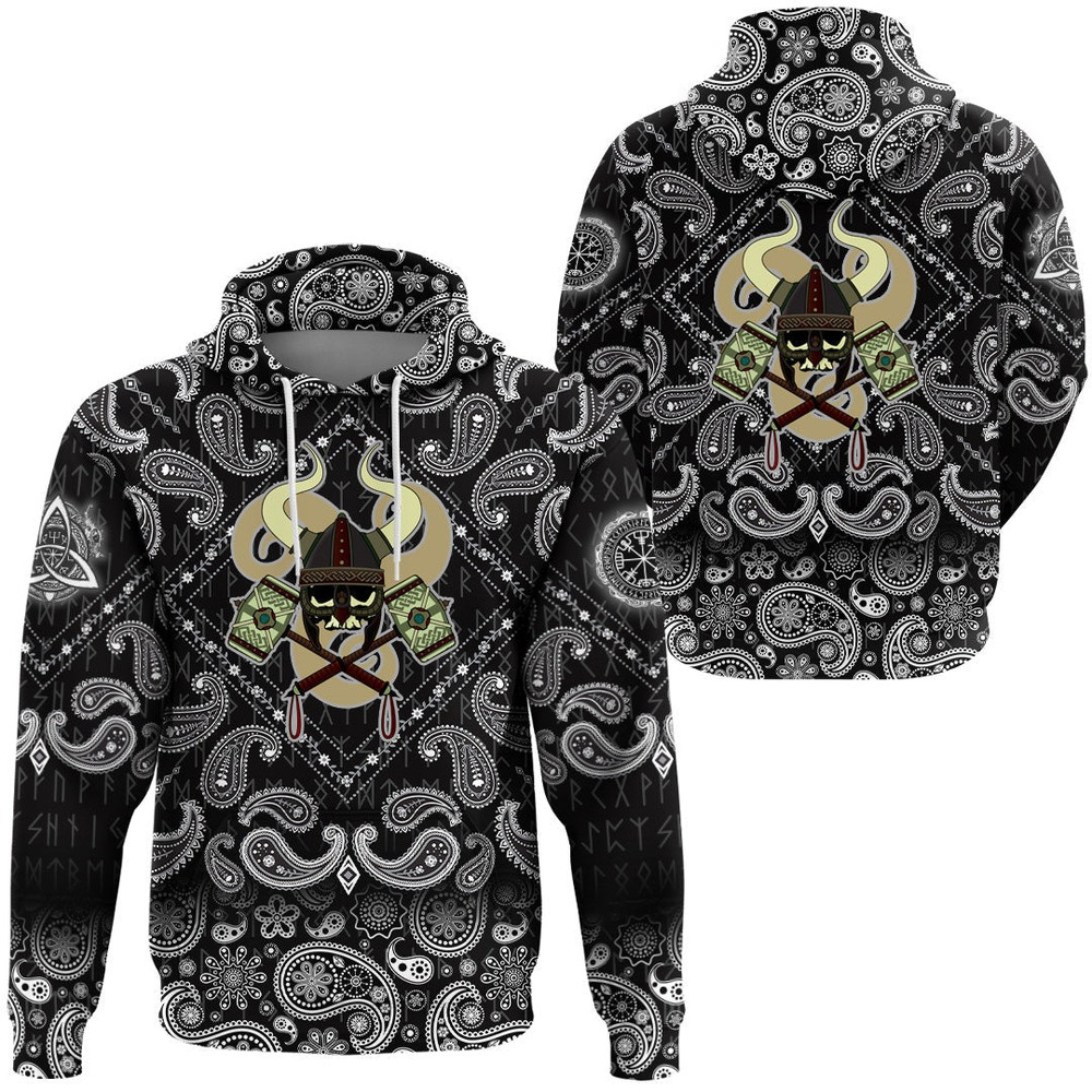 Skull With Horned Helmet with Bandana Paisley Style Viking Hoodie For Men Women