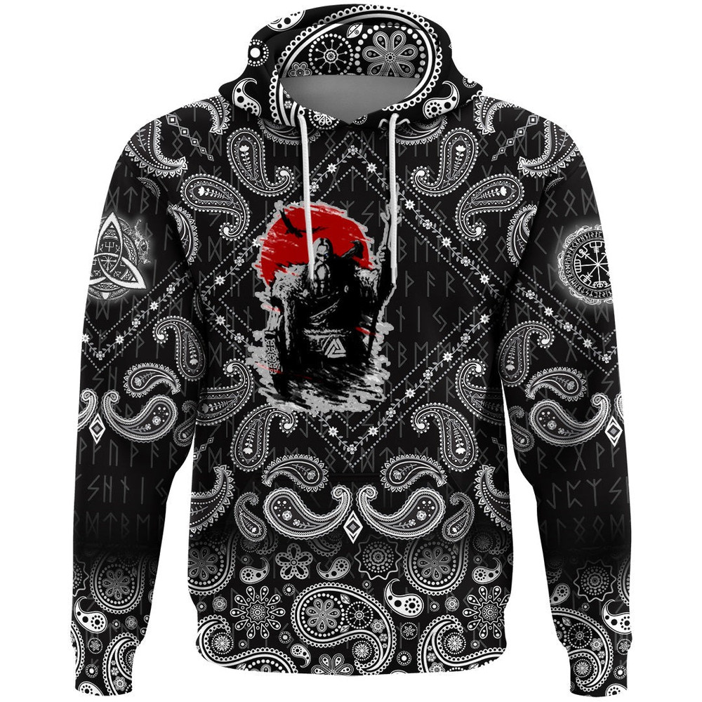 The Harsh God Odin Against The Background Of Red Sun with Bandana Paisley Style Viking Hoodie For M